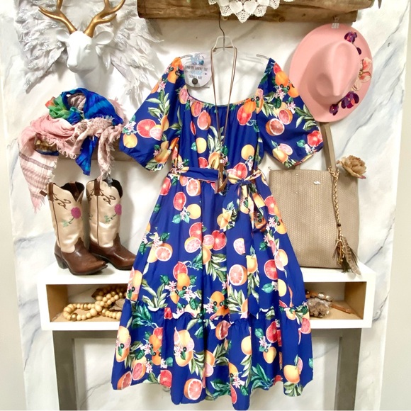BloomChic Dresses & Skirts - BloomChic Blue Floral Citrus Midi Dress